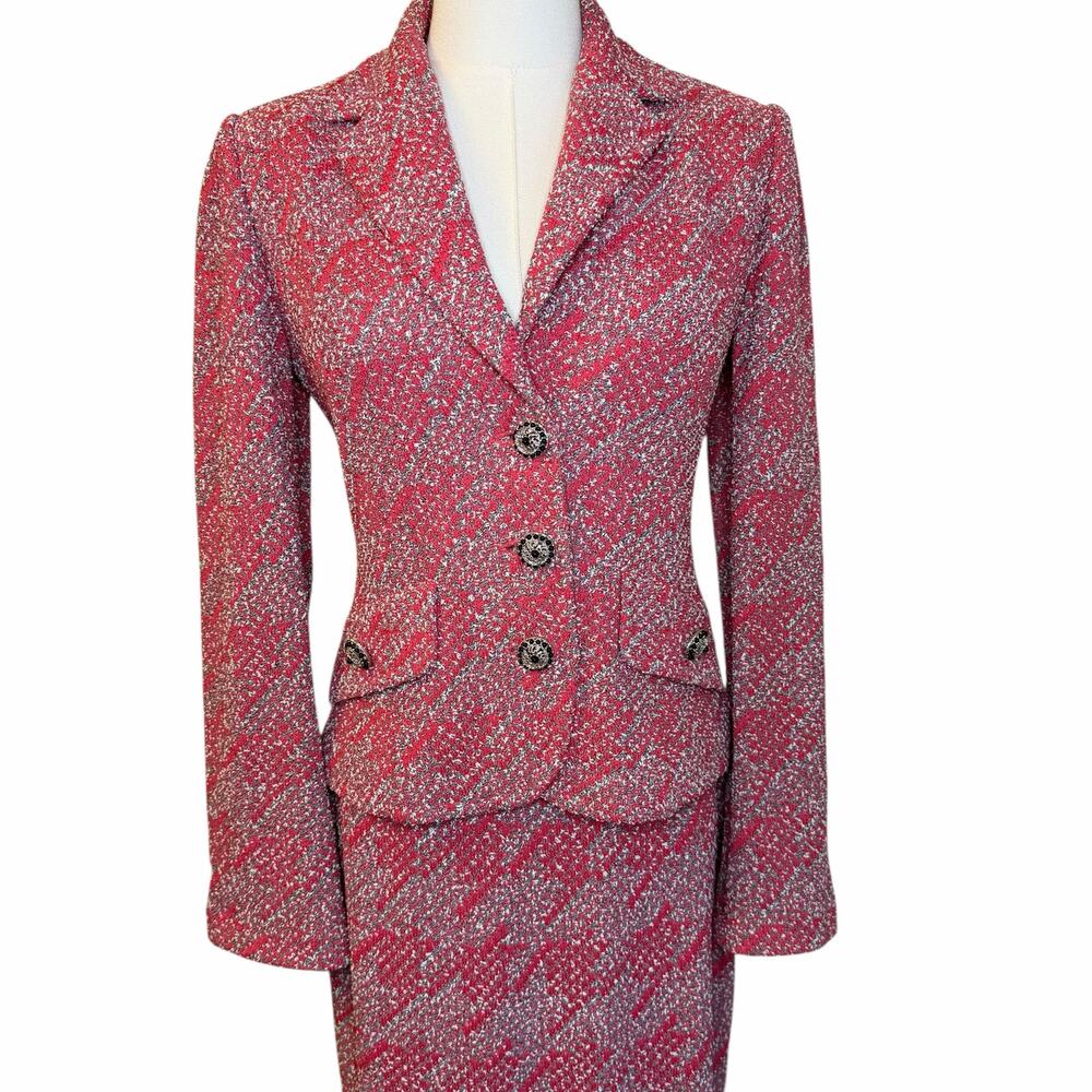 St John by Marie Gray Collection 2 Pc Knit Skirt Suit Coral Pink Houndstooth 2/4